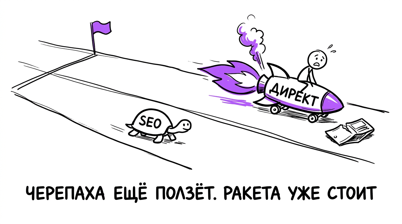 Гонка на два трека: черепаха с подписью SEO медленно ползёт к финишу, а ракета с подписью Директ вырвалась вперёд, но остановилась с дымом, потому что закончился бюджет — метафора разного горизонта окупаемости SEO и рекламы
