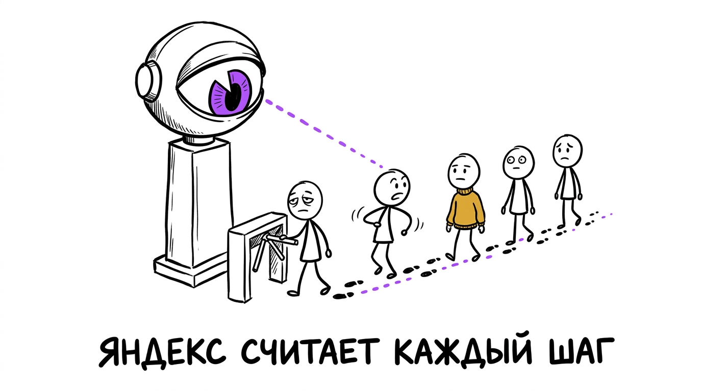 Гигантский глаз Яндекса следит за очередью посетителей на турникете и замечает того, кто сразу развернулся назад — метафора поведенческих факторов