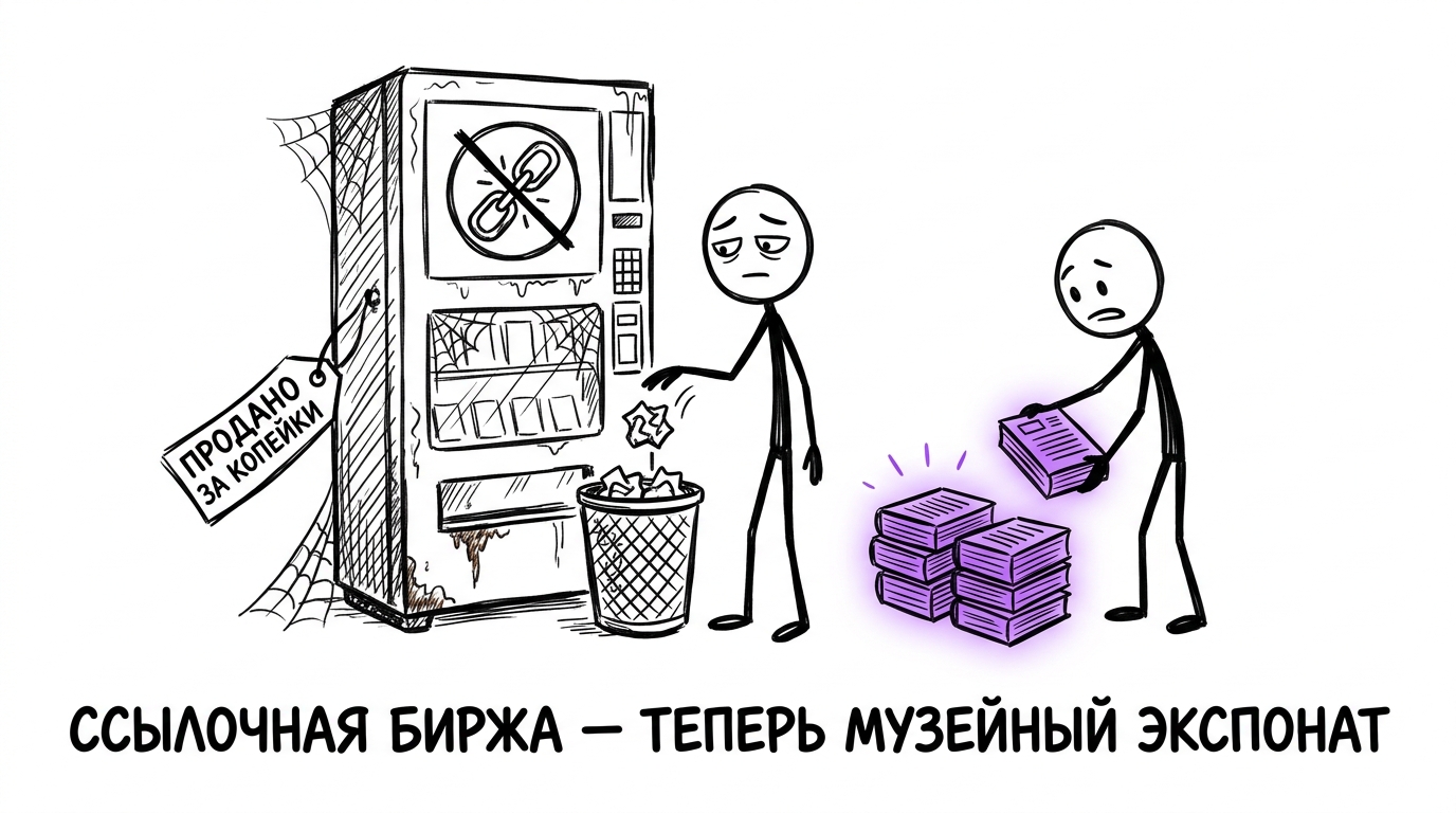 Ссылочная биржа выброшена как ржавый автомат в мусорку, вместо неё собирается стопка настоящего контента — метафора смены подхода к ссылочной массе
