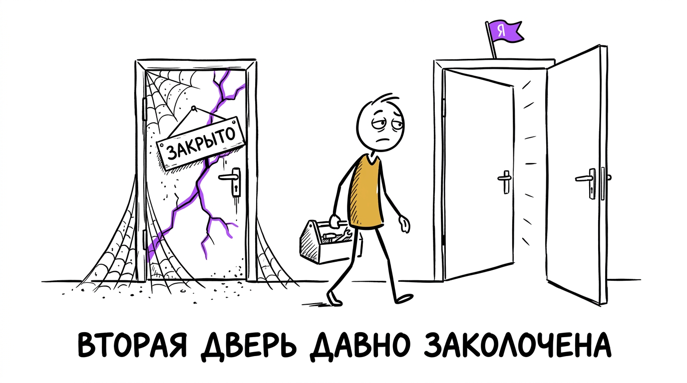 Собственник сайта проходит через открытую дверь Яндекса мимо заколоченной двери с надписью Google — метафора смены приоритетов в SEO