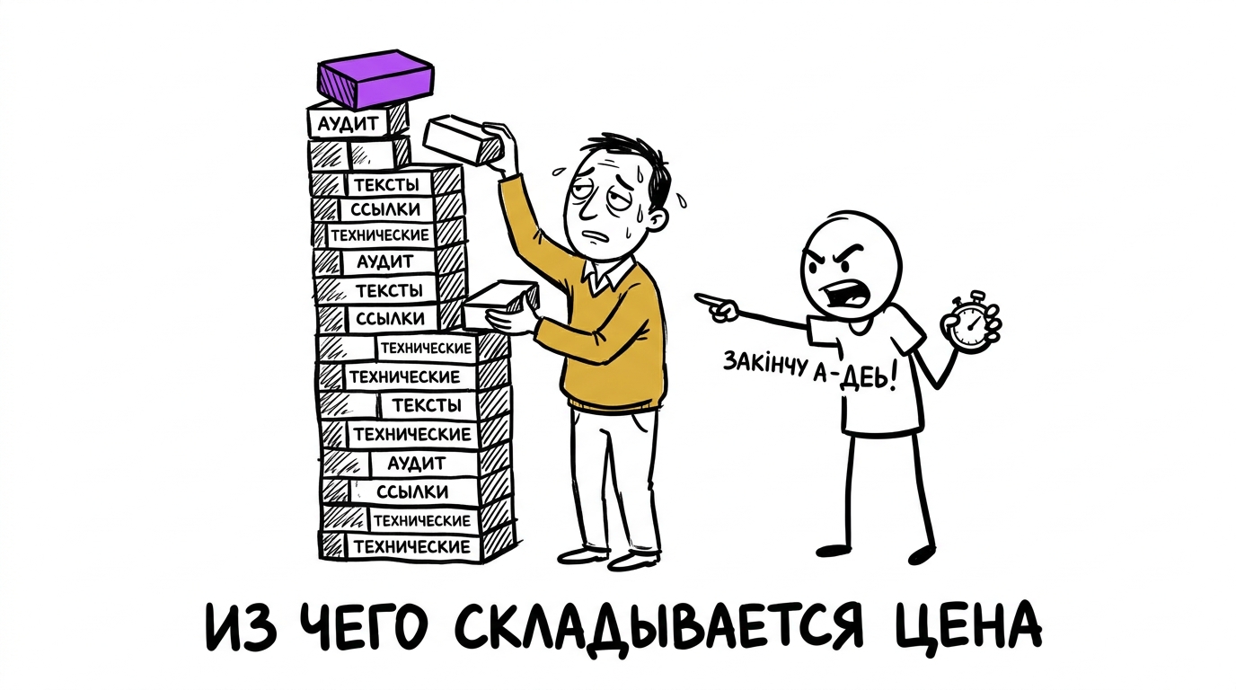 Рабочий выкладывает кирпичи цены раскрутки сайта — аудит, тексты, ссылки, техника — а заказчик требует закончить стену за один день