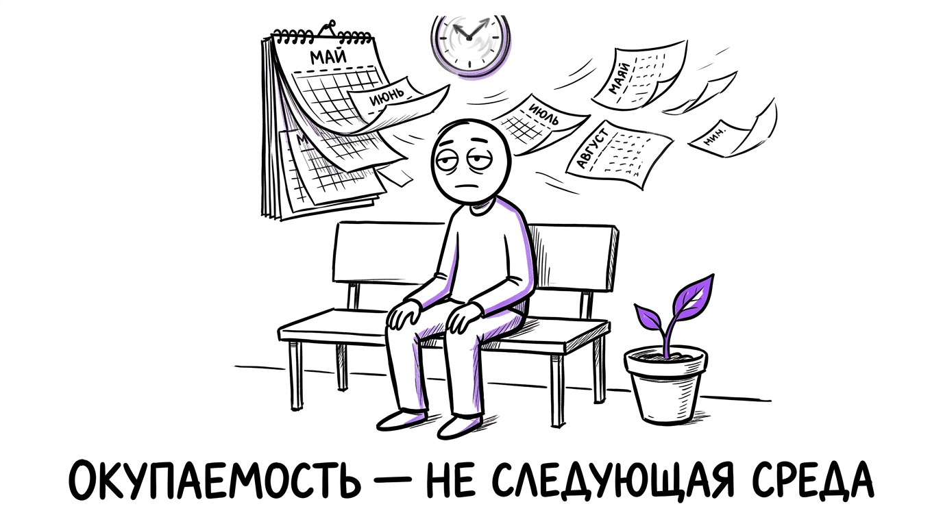 Человек терпеливо ждёт на скамейке, пока страницы календаря улетают одна за другой, а маленькое растение окупаемости медленно тянется вверх