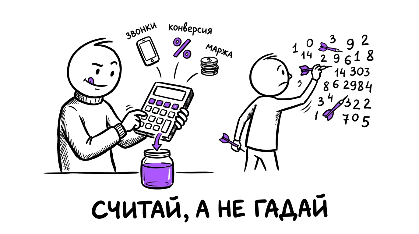 Человек считает окупаемость раскрутки сайта на калькуляторе — звонки, конверсия и маржа, — пока другой вслепую бросает дротики в стену с цифрами