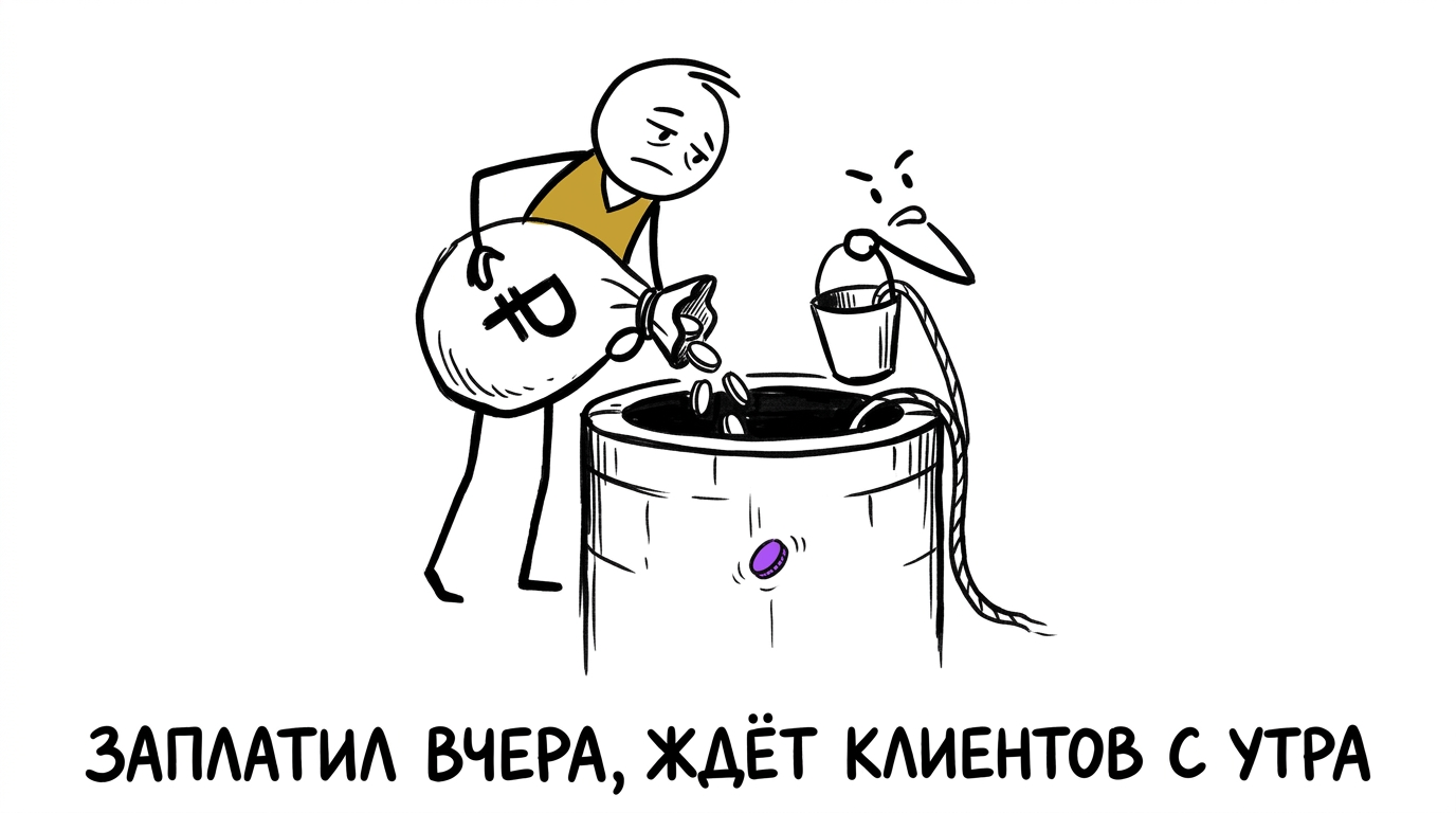 Собственник бизнеса льёт деньги в колодец и ждёт клиентов уже на следующее утро — метафора нереалистичных ожиданий от раскрутки сайта