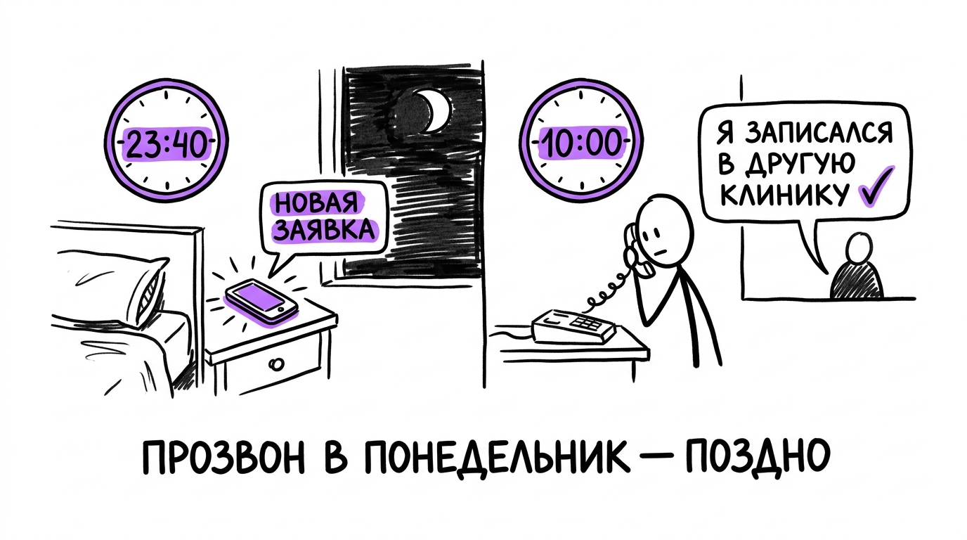 Ночная заявка из рекламы клиники и прозвон только в понедельник утром — пациент уже записался в другую клинику
