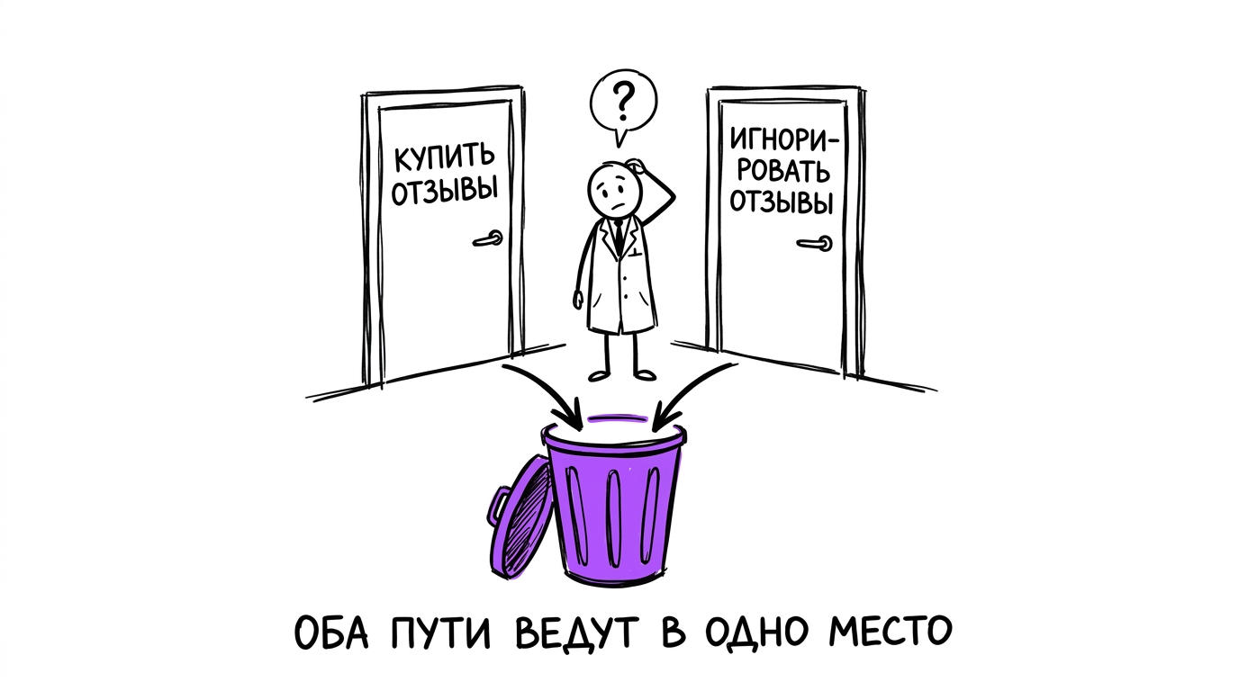 Две двери 'купить отзывы' и 'игнорировать отзывы' ведут в один мусорный бак — тупиковые стратегии управления репутацией клиники
