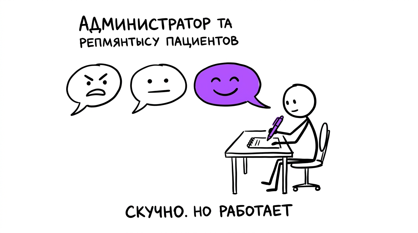Администратор клиники методично и спокойно отвечает на отзывы пациентов по очереди — системная работа с репутацией клиники