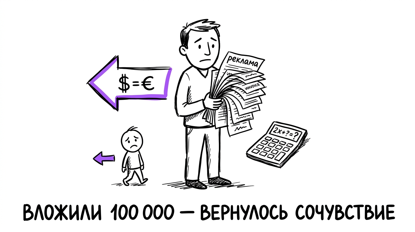 Директор клиники держит стопку квитанций за рекламу, рядом уходит один пациент — деньги ушли, пациентов мало