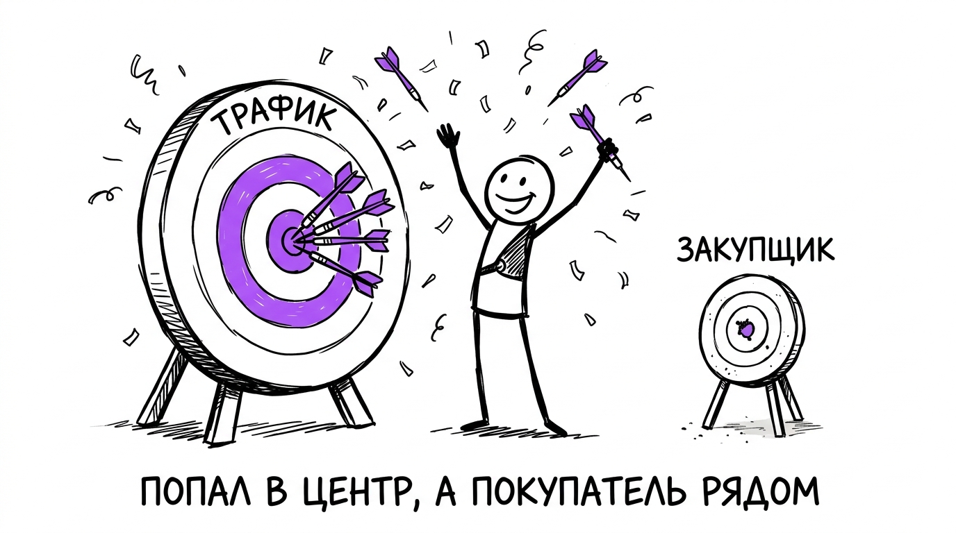 Дротики попадают точно в центр большой мишени «Трафик», пока рядом стоит нетронутой маленькая мишень «Закупщик» — метафора неправильной метрики успеха в B2B SEO