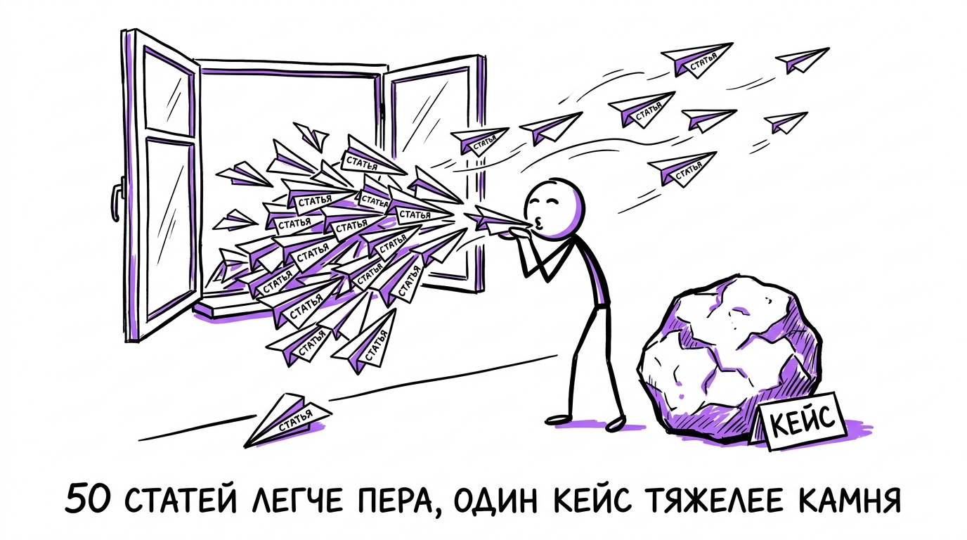 Гора одинаковых бумажных самолётиков-статей разлетается в окно, пока рядом лежит один тяжёлый камень с надписью «Кейс» — метафора разницы между лёгким и весомым B2B-контентом