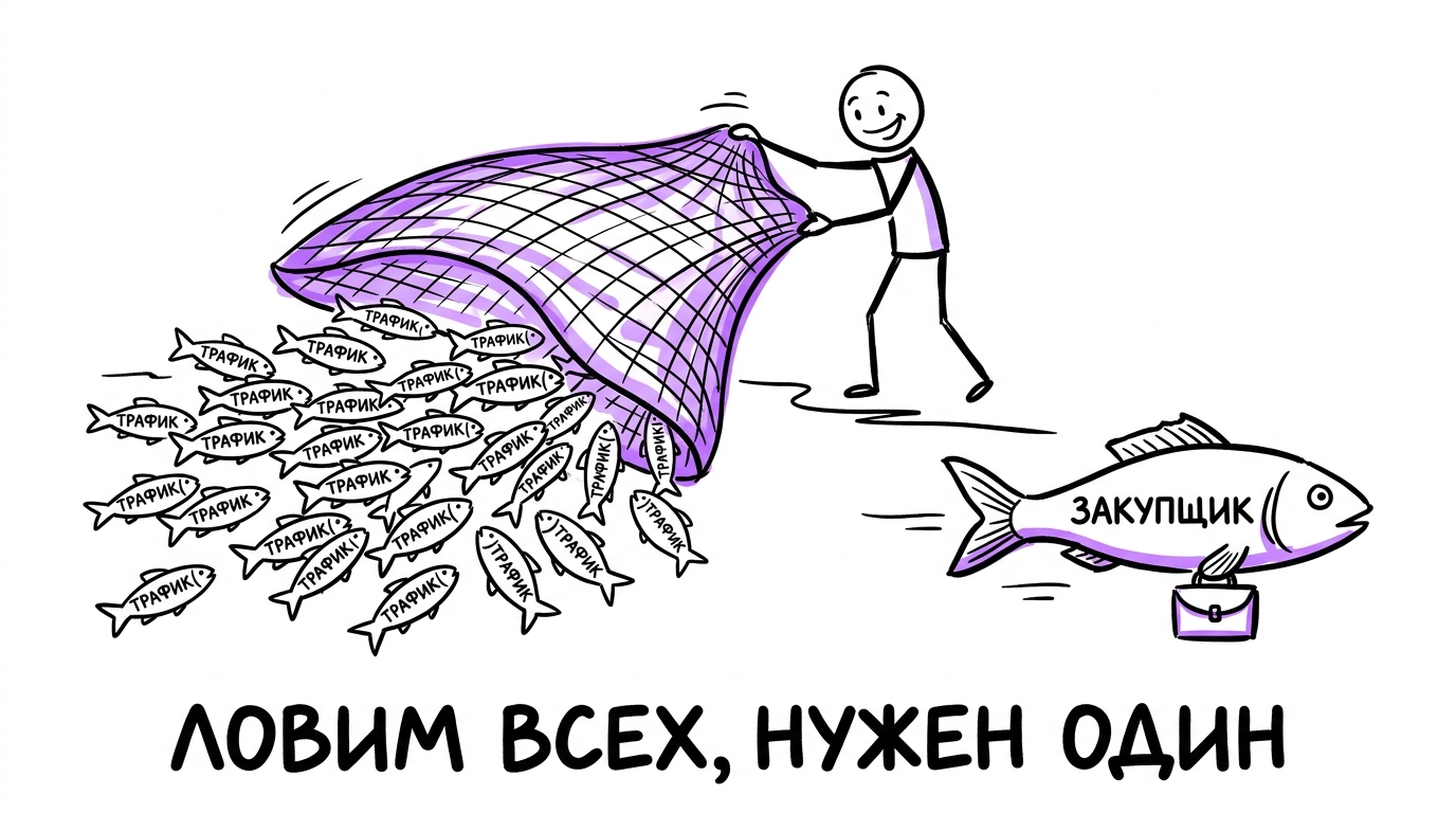 Рыбак ловит толпу мелкой рыбы огромной сетью, пока мимо незамеченным проплывает один крупный закупщик — метафора неверной цели в SEO для B2B