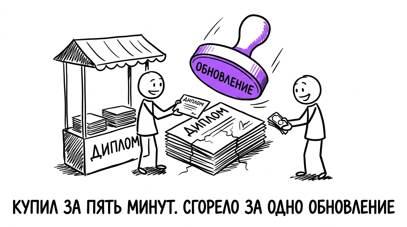 Уличный продавец сбывает пачку поддельных дипломов, а сверху нависает штамп с надписью обновление алгоритма