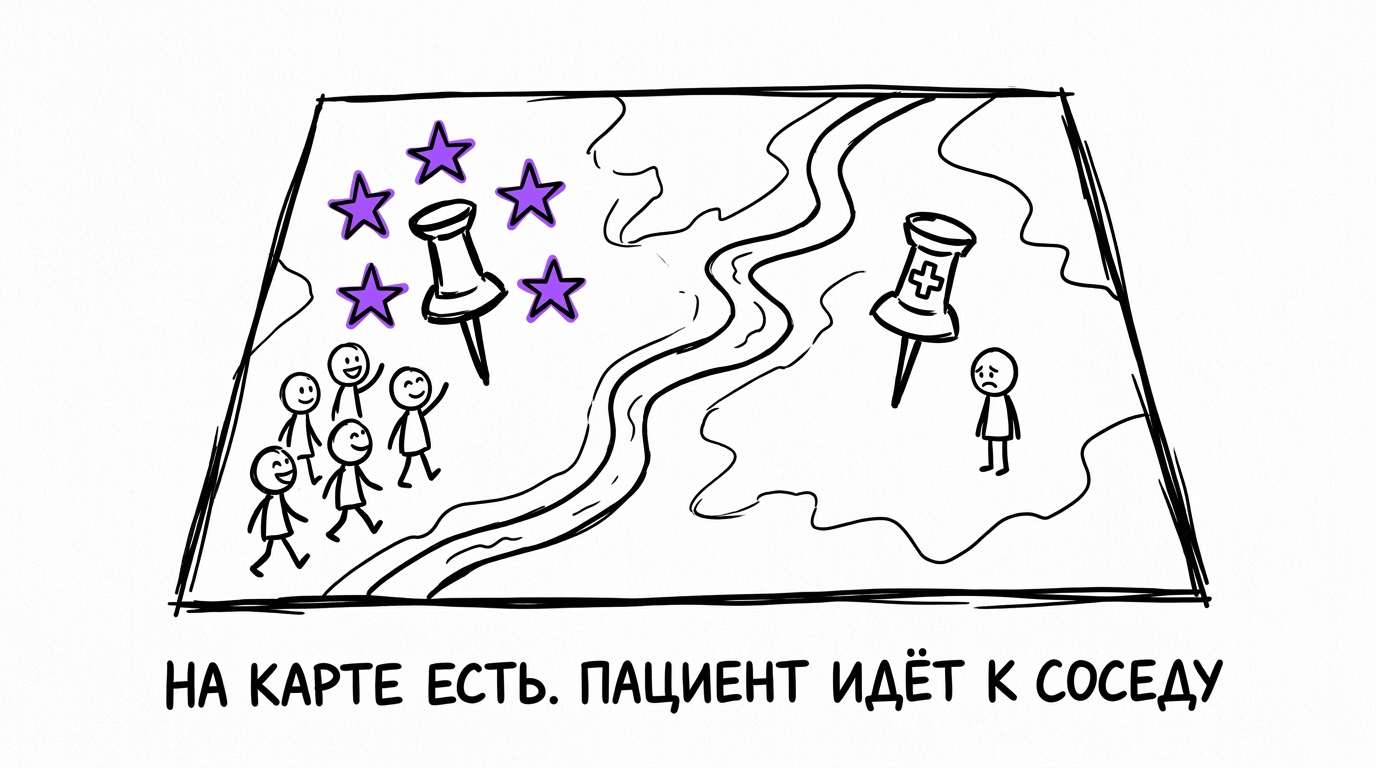 На карте одна клиника окружена звёздами и толпой пациентов, а другая клиника стоит в одиночестве без отзывов