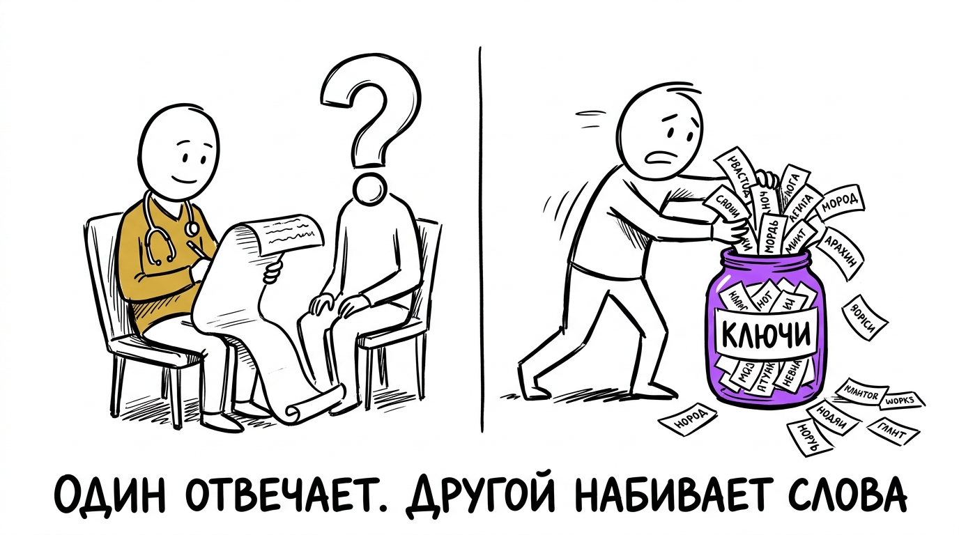 Врач спокойно пишет развёрнутый ответ пациенту, а рядом другой человек торопливо набивает ключевые слова в банку
