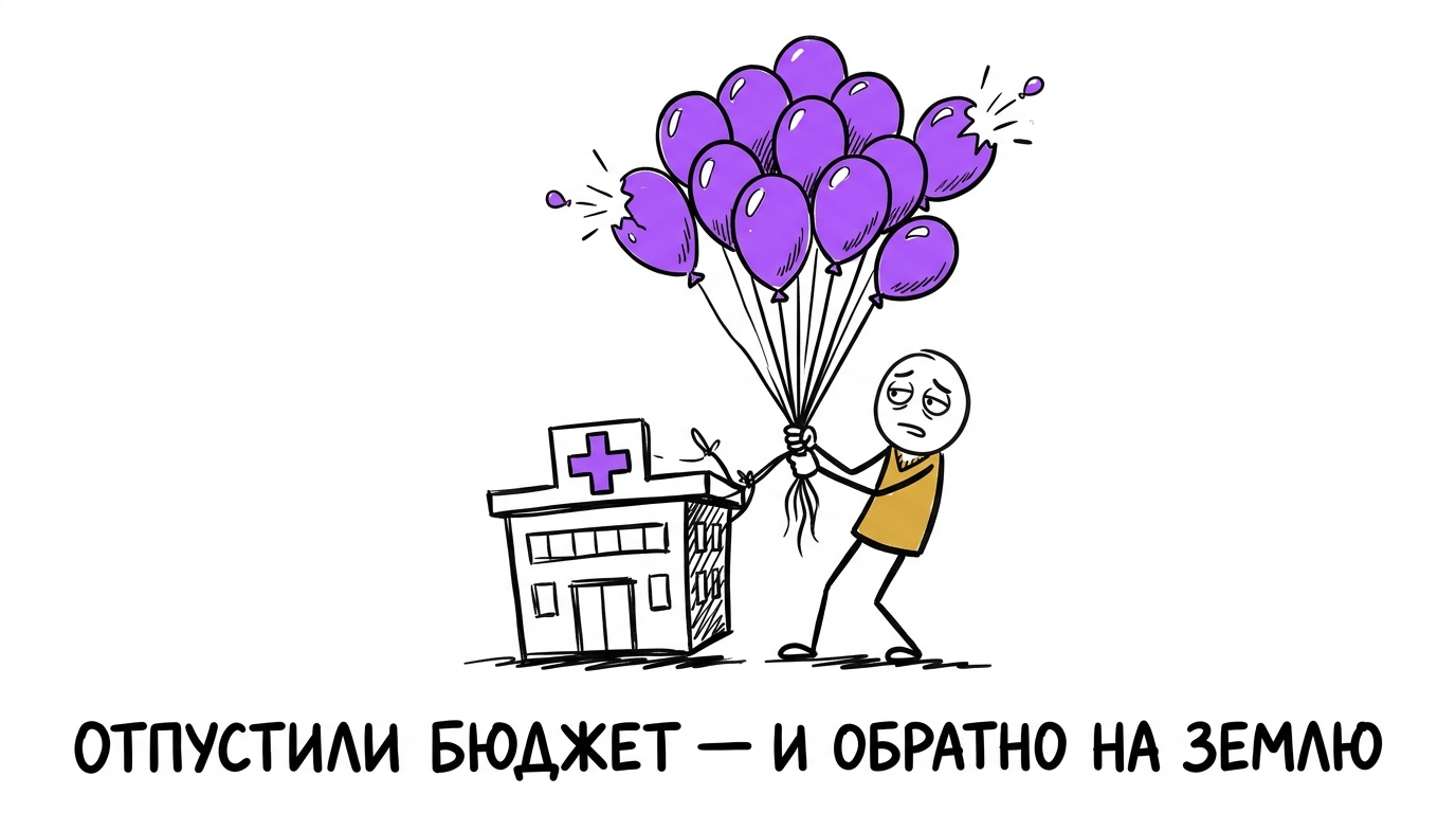 Владелец клиники пытается поднять здание с крестом воздушными шариками с надписью «ссылки», но шарики лопаются