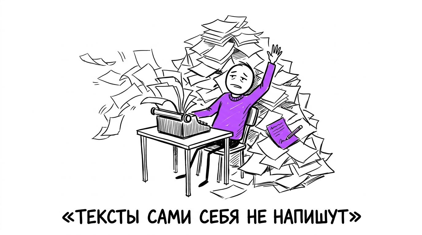 Человек тонет в бесконечной куче бумаги из пишущей машинки — метафора того, что тексты для SEO не пишутся сами и требуют регулярной работы