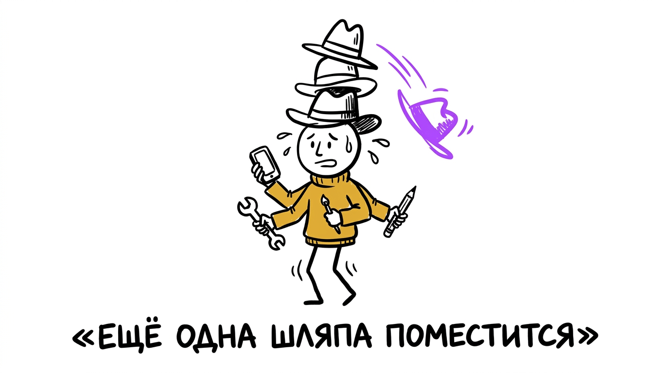 Владелец бизнеса в трёх надетых друг на друга шляпах жонглирует телефоном, гаечным ключом и карандашом, одна шляпа падает — метафора того, что время на самостоятельное SEO берётся из времени на бизнес