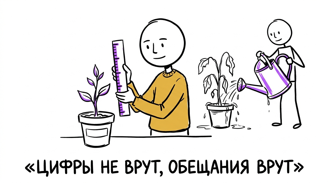 Человек честно измеряет ростом линейкой маленькое растение, пока другой поливает увядший куст из блестящей протекающей лейки — метафора честных бесплатных инструментов Яндекса против обещаний платных сервисов