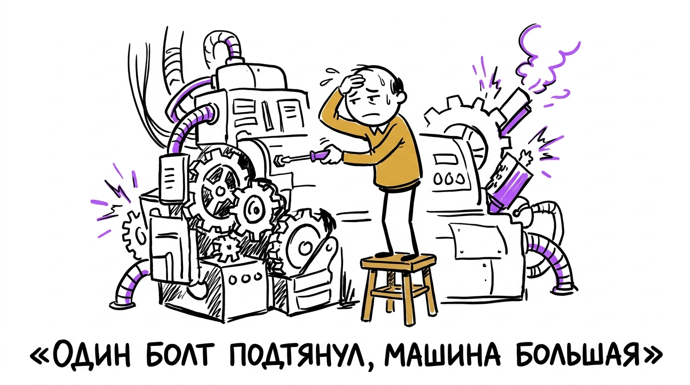 Владелец бизнеса в гараже подтягивает один болт на огромной сложной машине, остальные части машины искрят — метафора самостоятельного SEO-продвижения в одиночку