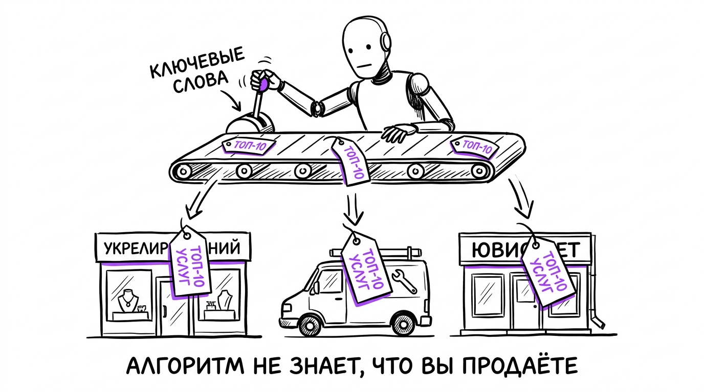 Робот-рука раздаёт одинаковые ярлыки «топ-10 услуг» на ювелирный магазин, сантехника и юриста — метафора шаблонного подхода алгоритма к разным нишам