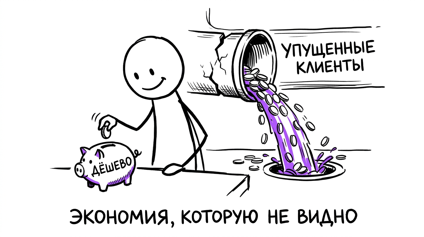 Владелец бизнеса радуется мелкой экономии в копилке, пока за спиной течёт труба с надписью «упущенные клиенты» — метафора скрытой цены дешёвого автоматического продвижения