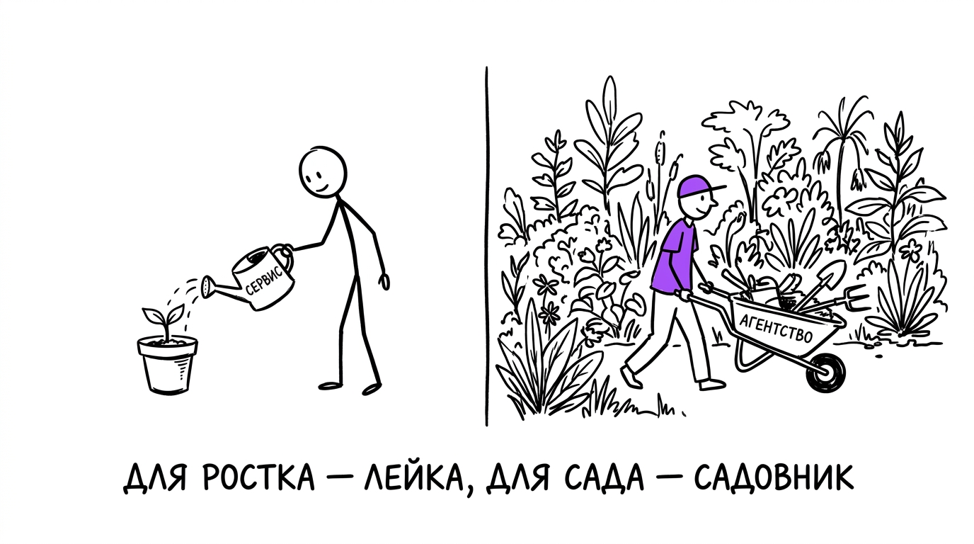Слева росток поливают лейкой, справа большой сад обслуживает садовник с тачкой инструментов — метафора выбора между простым сервисом и агентством по масштабу бизнеса