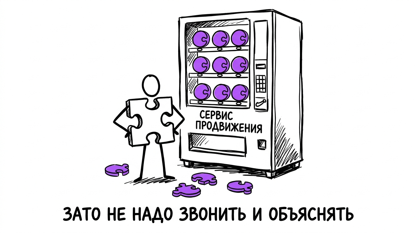 Владелец бизнеса в форме звёздочки у автомата, который выдаёт только круглые детали — метафора сервиса продвижения без учёта специфики бизнеса