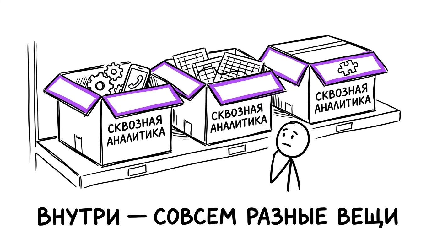 Три одинаковые картонные коробки с этикеткой «сквозная аналитика» на полке магазина, но каждая коробка приоткрыта и внутри видно разное содержимое — метафора трёх разных типов систем на рынке