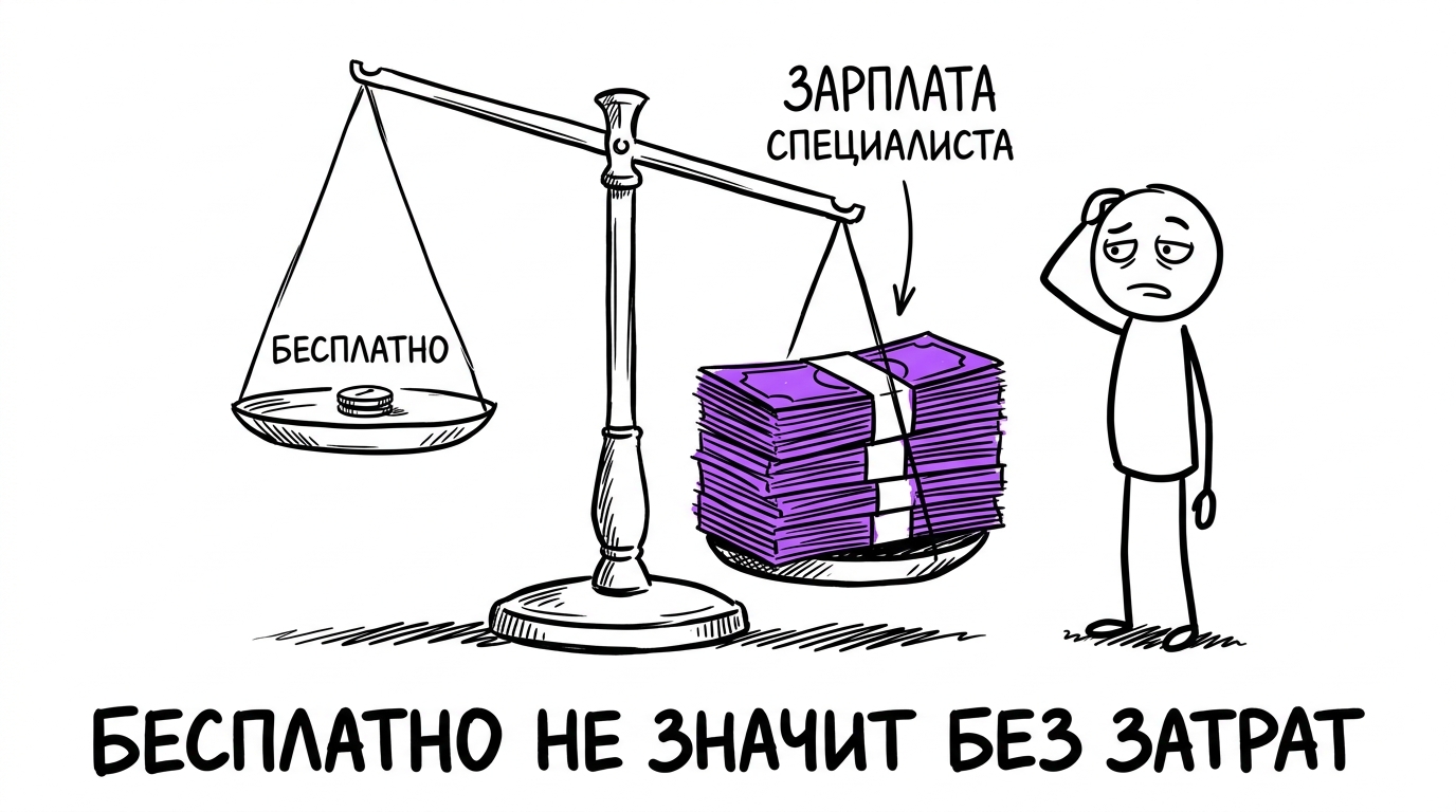 Весы: на одной чаше маленькая монета с подписью «бесплатно», на другой — тяжёлая пачка купюр с подписью «зарплата специалиста» — метафора того, что бесплатная сборка сквозной аналитики всё равно стоит денег