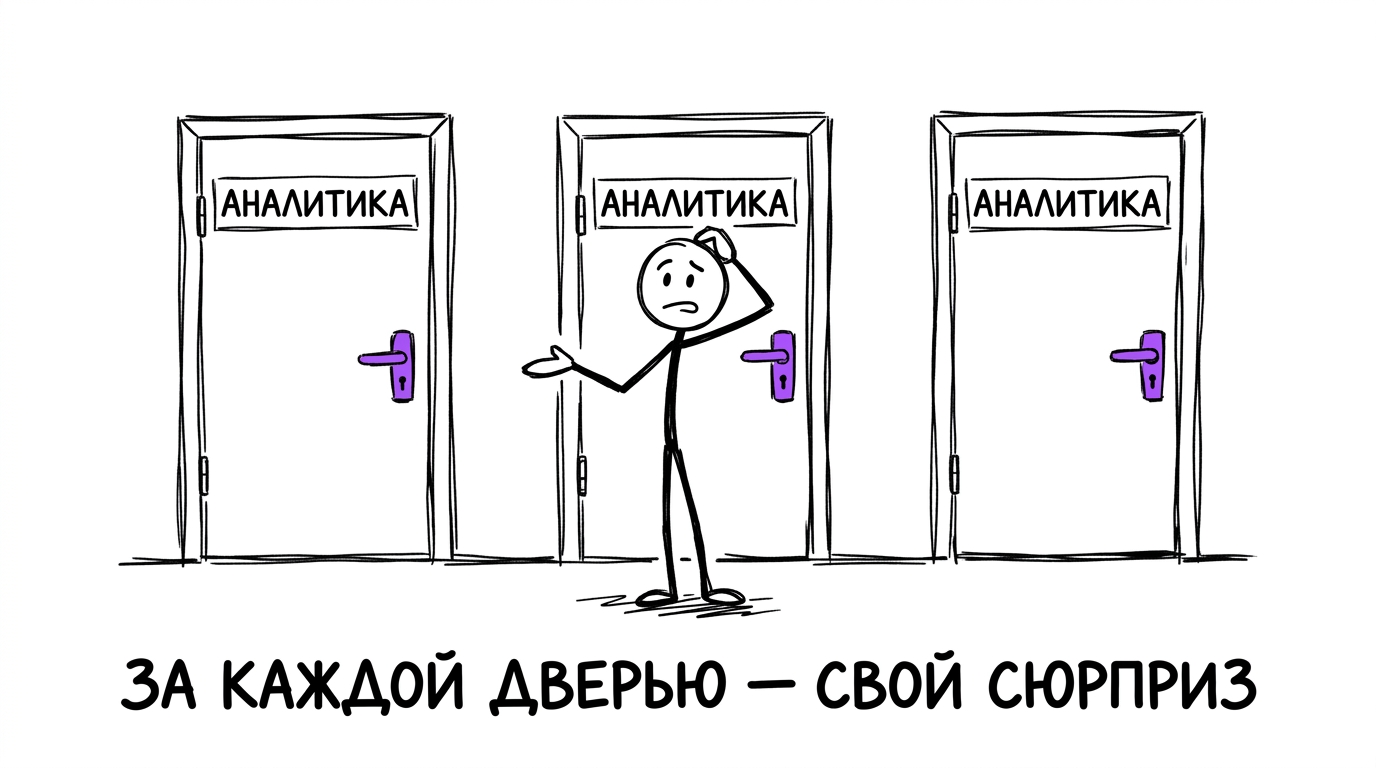 Растерянный стик-фигура человек стоит перед тремя одинаковыми дверями с вывеской «аналитика», не понимая, за какой дверью что находится — метафора выбора системы без чётких критериев