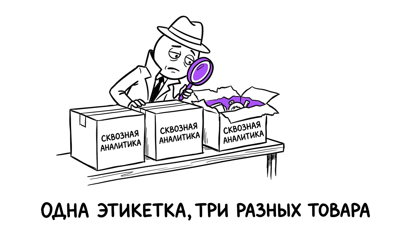 Агент с лупой рассматривает три одинаковые коробки с надписью «сквозная аналитика», внутри которых разное содержимое — метафора того, что под одним названием на рынке продают разные типы систем