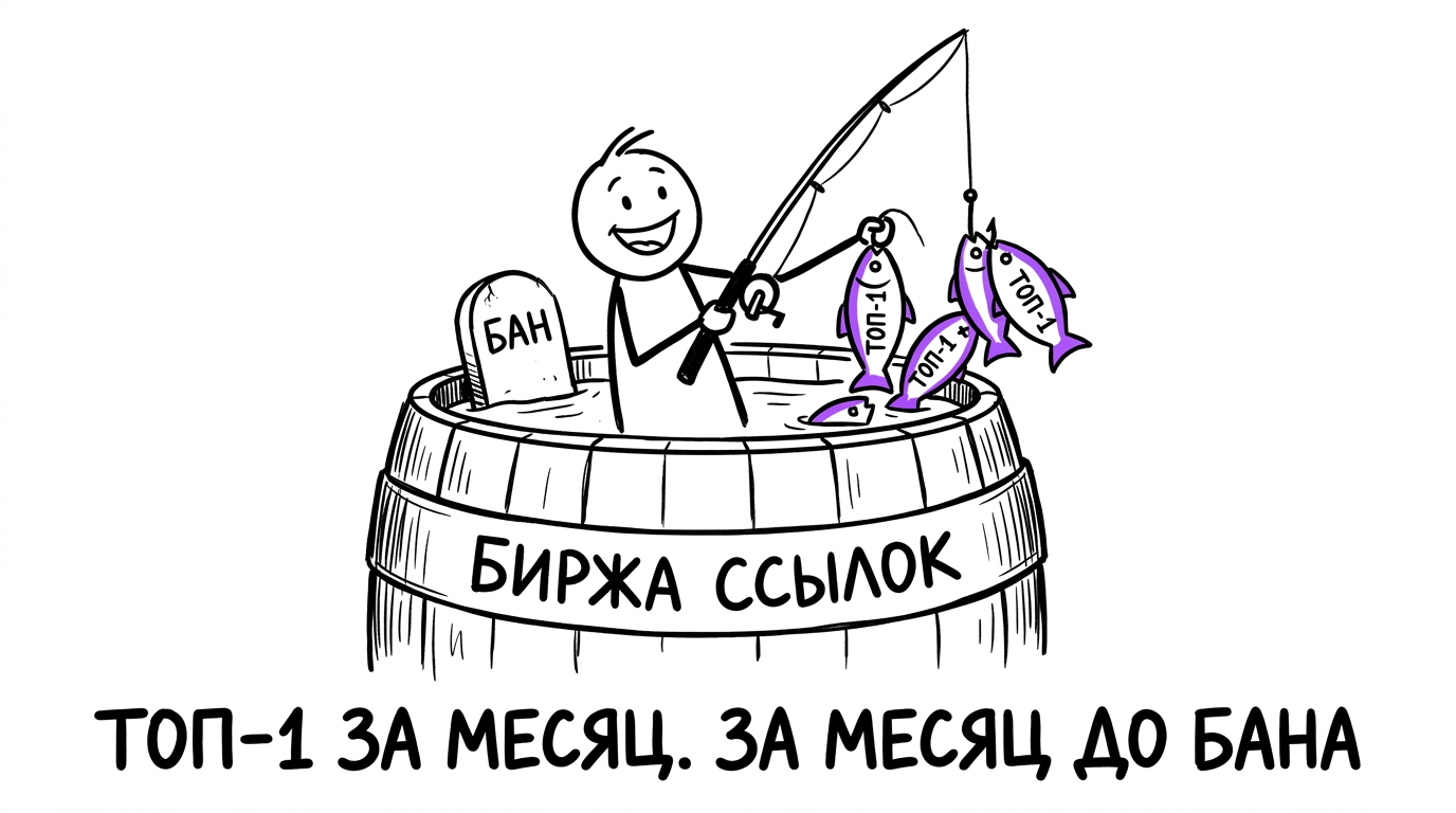 Рыбак ловит в бочке с надписью биржа ссылок мёртвую рыбу с ценником топ-1 — метафора накрутки ссылок