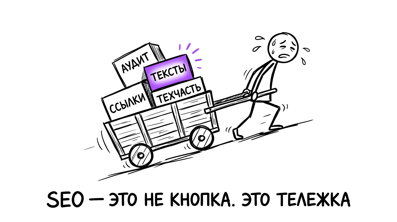 SEO-продвижение как тяжёлая тележка с коробками аудита, текстов, ссылок и техчасти — метафора реального объёма работы