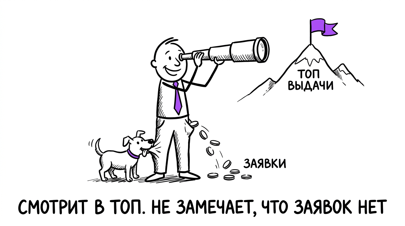 Собственник смотрит в подзорную трубу на топ выдачи, пока теряет заявки — метафора слепой зоны в оценке SEO