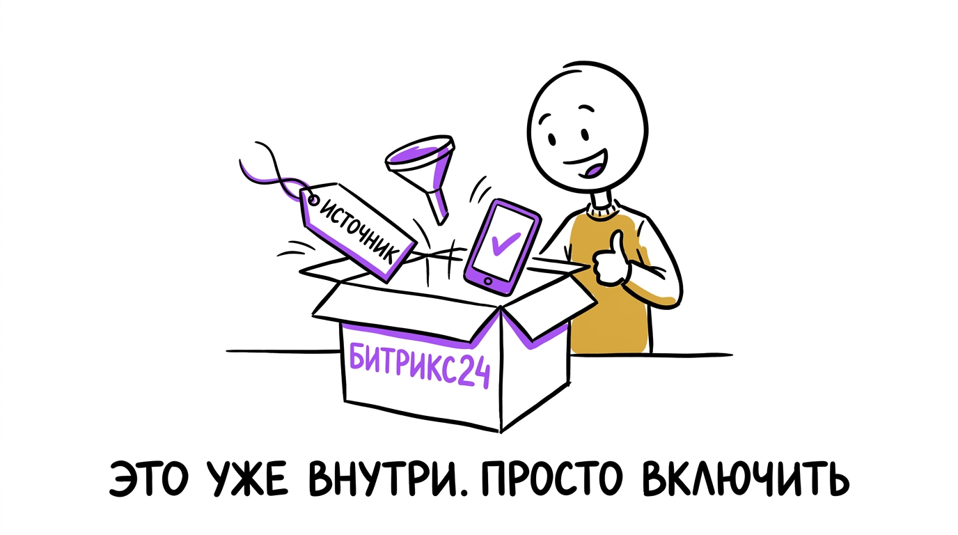 Человек радостно распаковывает коробку с надписью Битрикс24, откуда сами выпадают бирка «источник», воронка и телефон с галочкой — метафора готовых встроенных функций сквозной аналитики
