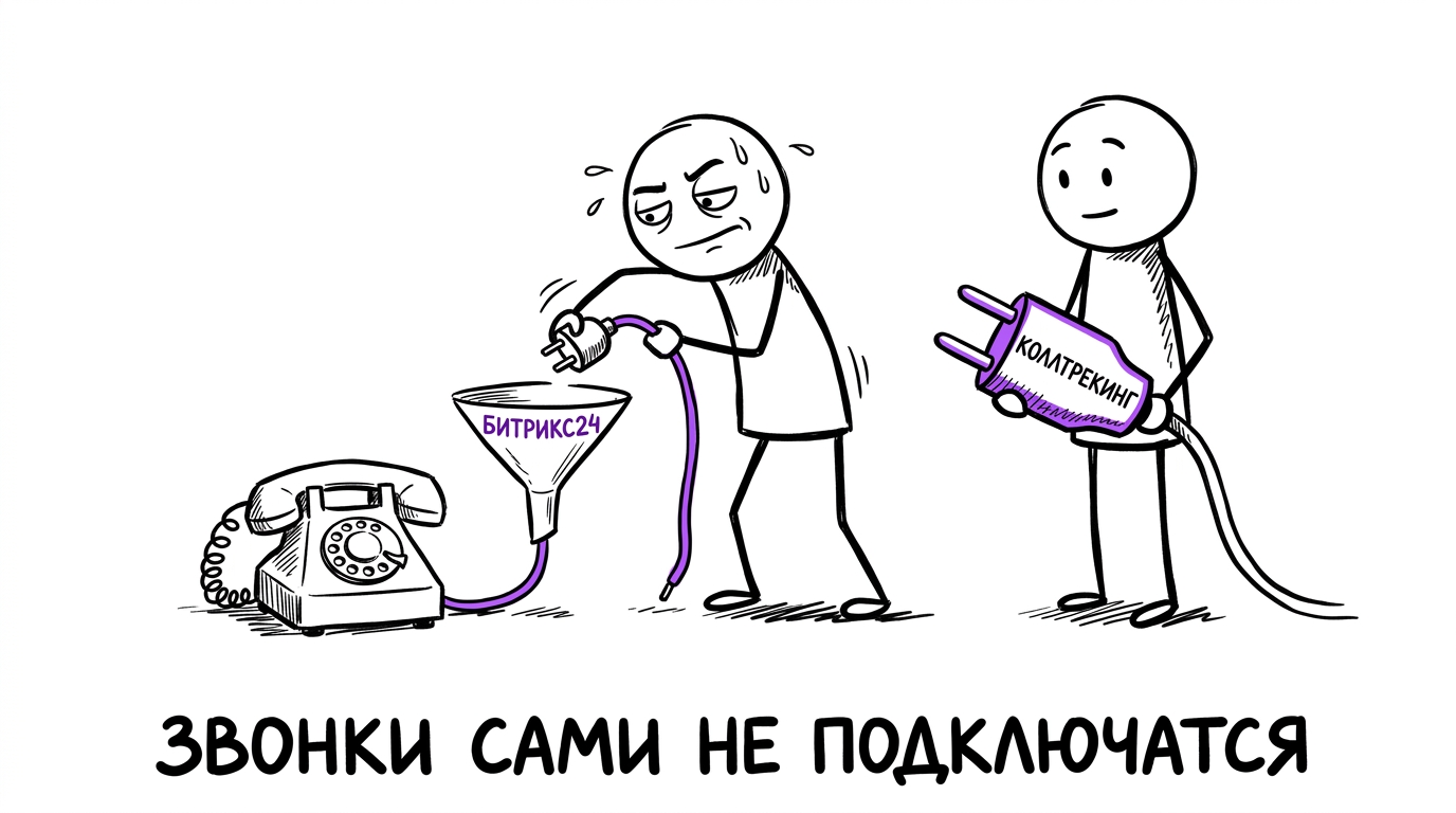 Человек пытается подключить старый дисковый телефон коротким фиолетовым проводом напрямую к воронке с надписью Битрикс24, провод не дотягивается, рядом стоит помощник с большой вилкой «коллтрекинг» — метафора того, что звонки не подключаются к сквозной аналитике сами по себе
