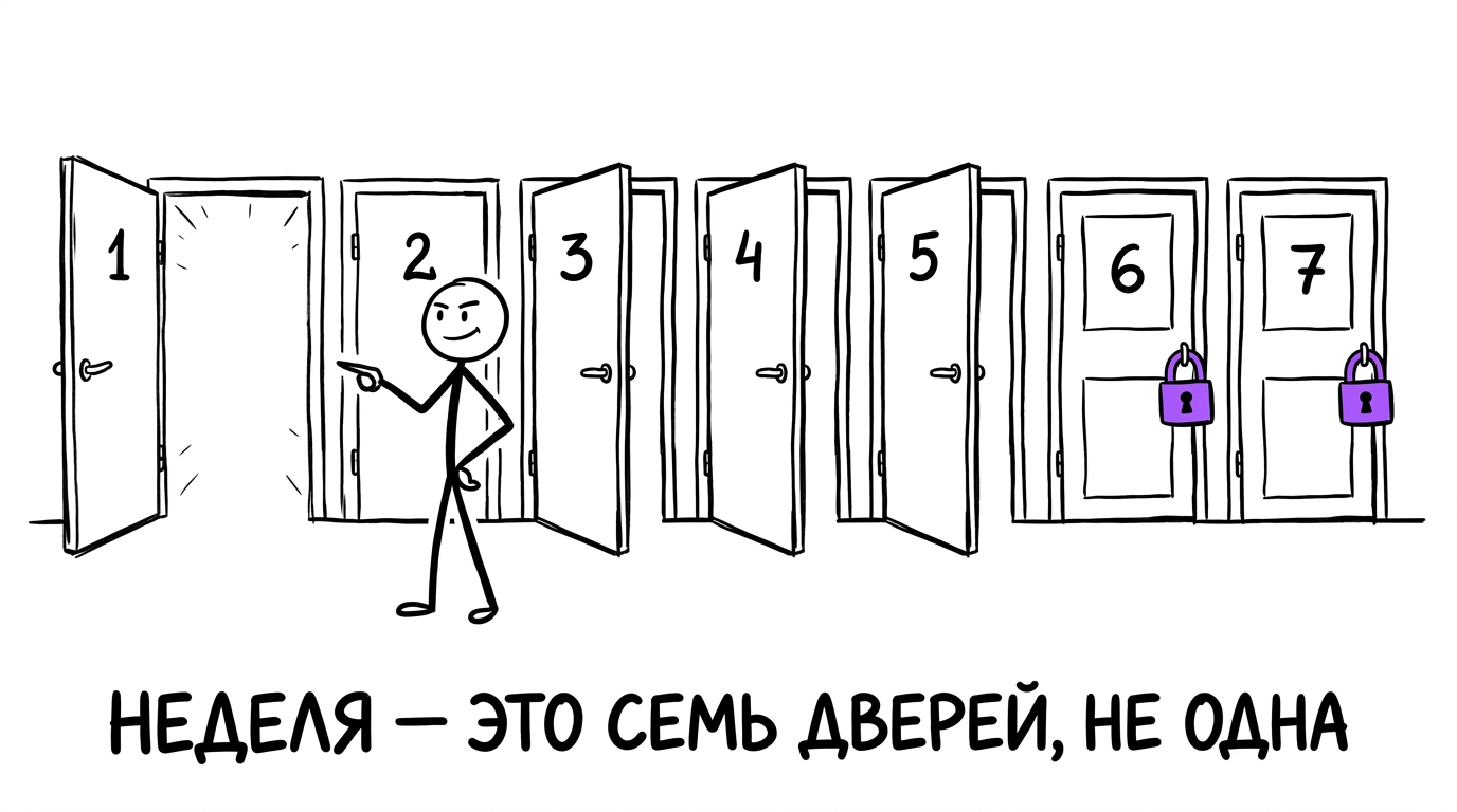 Человек уверенно открывает первую из семи пронумерованных дверей недели, дальше двери приоткрыты, последние две ещё заперты на фиолетовый замок — метафора реалистичного плана настройки сквозной аналитики по дням