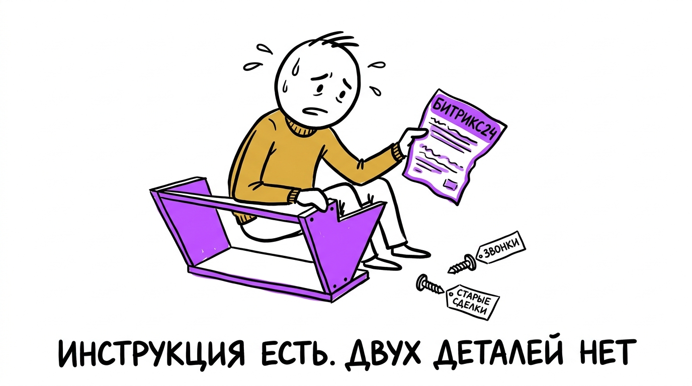 Сотрудник собирает мебель по инструкции с надписью Битрикс24, а на полу лежат два лишних шурупа с бирками «звонки» и «старые сделки» — метафора неполной настройки сквозной аналитики за неделю