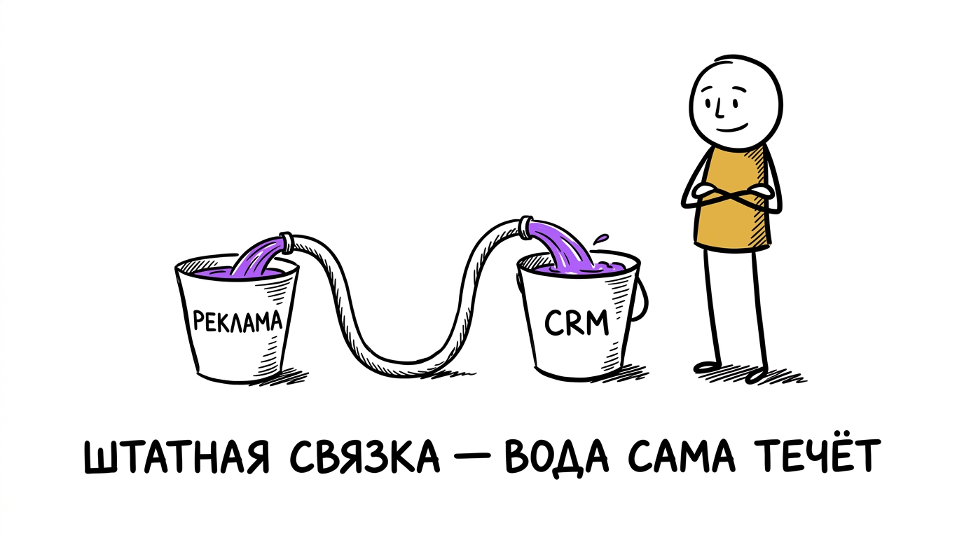 Садовый шланг напрямую соединяет два ведра — «Реклама» и «CRM», вода течёт сама без переходников — метафора нативной интеграции, которая уже встроена в CRM