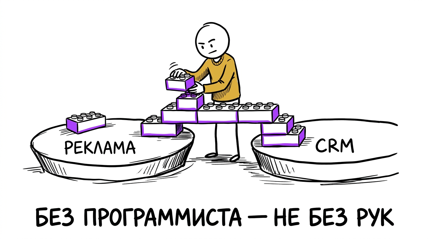 Человек строит мостик из крупных деталей-кубиков между двумя островами «Реклама» и «CRM» без крана и техники — метафора no-code коннектора, который настраивается руками без программиста