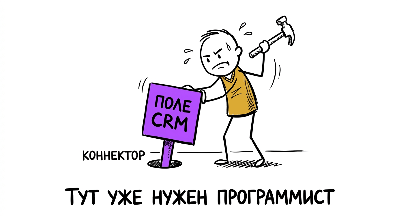 Человек пытается вбить молотком огромный квадратный штырь «Поле CRM» в маленькое круглое отверстие «Коннектор» — метафора ситуации, когда готовый no-code коннектор не справляется и нужен программист