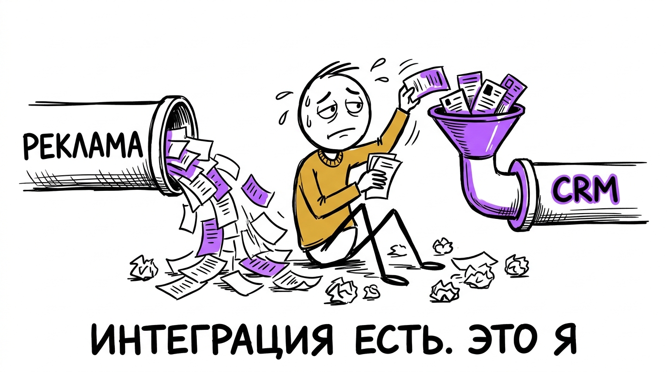 Маркетолог руками переносит бумажки с заявками из трубы «Реклама» в трубу «CRM» — метафора ручной склейки рекламы и продаж вместо настоящей интеграции