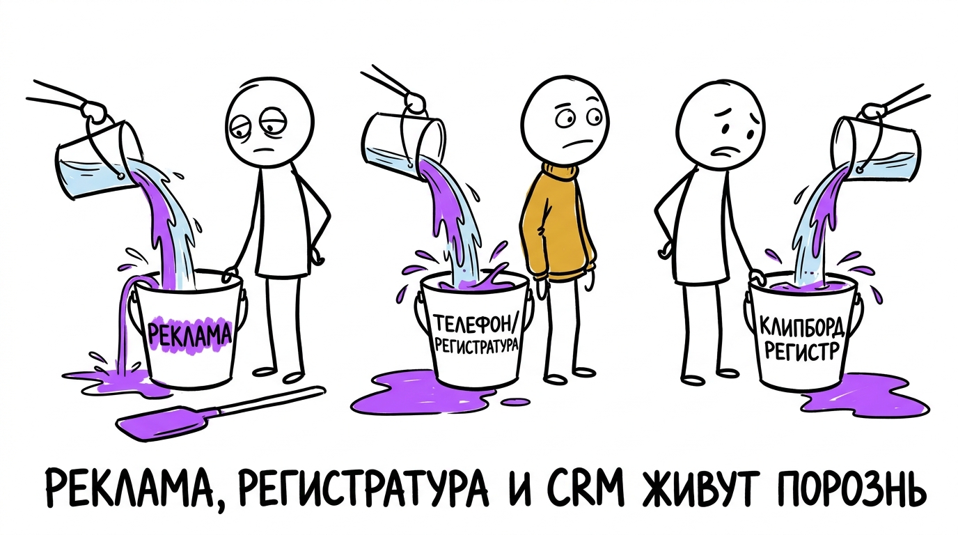 Разрозненные системы клиники — реклама, регистратура и CRM работают отдельно друг от друга