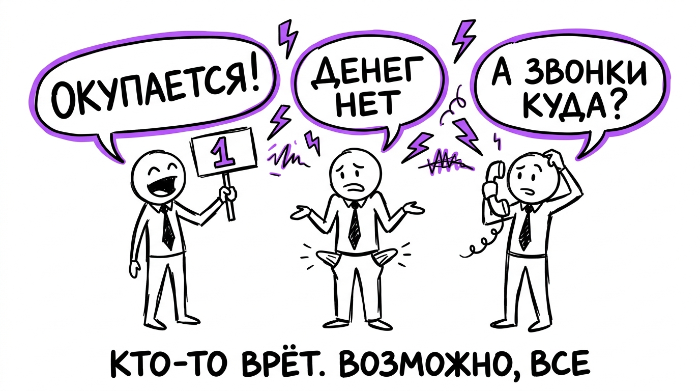 Три коллеги спорят: один кричит «окупается», второй разводит руками «денег нет», третий держит телефон и спрашивает, куда делись звонки — метафора трёх разных правд без сквозной аналитики