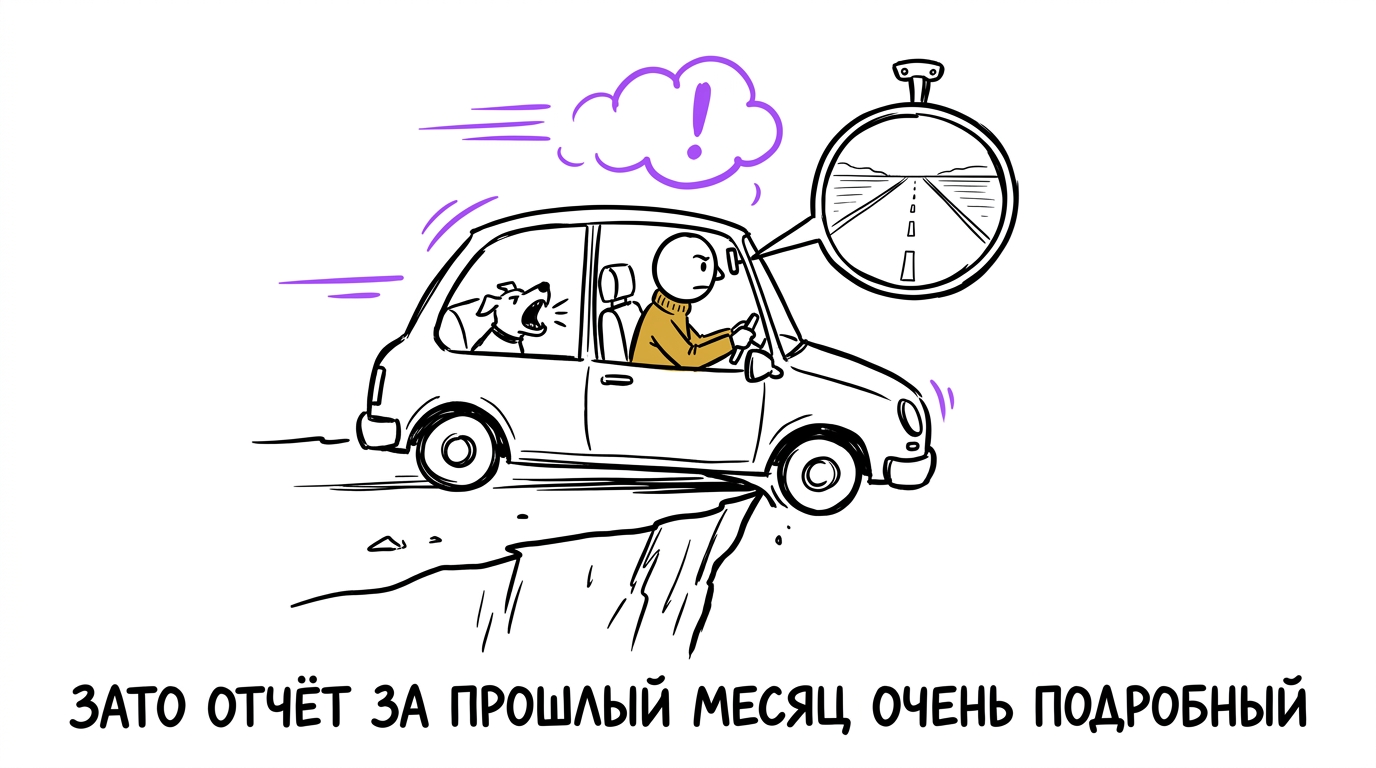 Водитель едет к обрыву и смотрит только в зеркало заднего вида, где нарисована ровная дорога, — метафора отчёта за прошлый месяц вместо живых данных