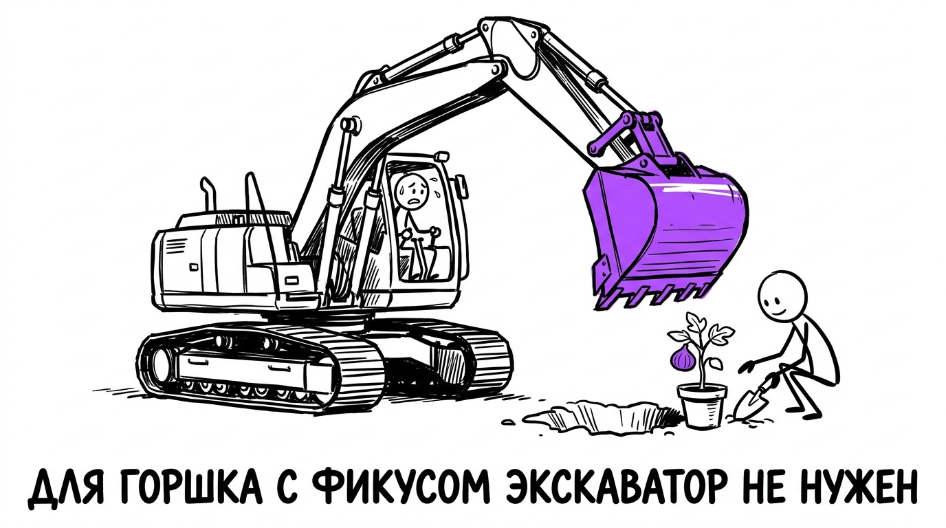 Человек на огромном экскаваторе копает ямку для маленького горшка с фикусом, а рядом спокойный коллега сажает его совком — метафора избыточной аналитики для маленького бизнеса