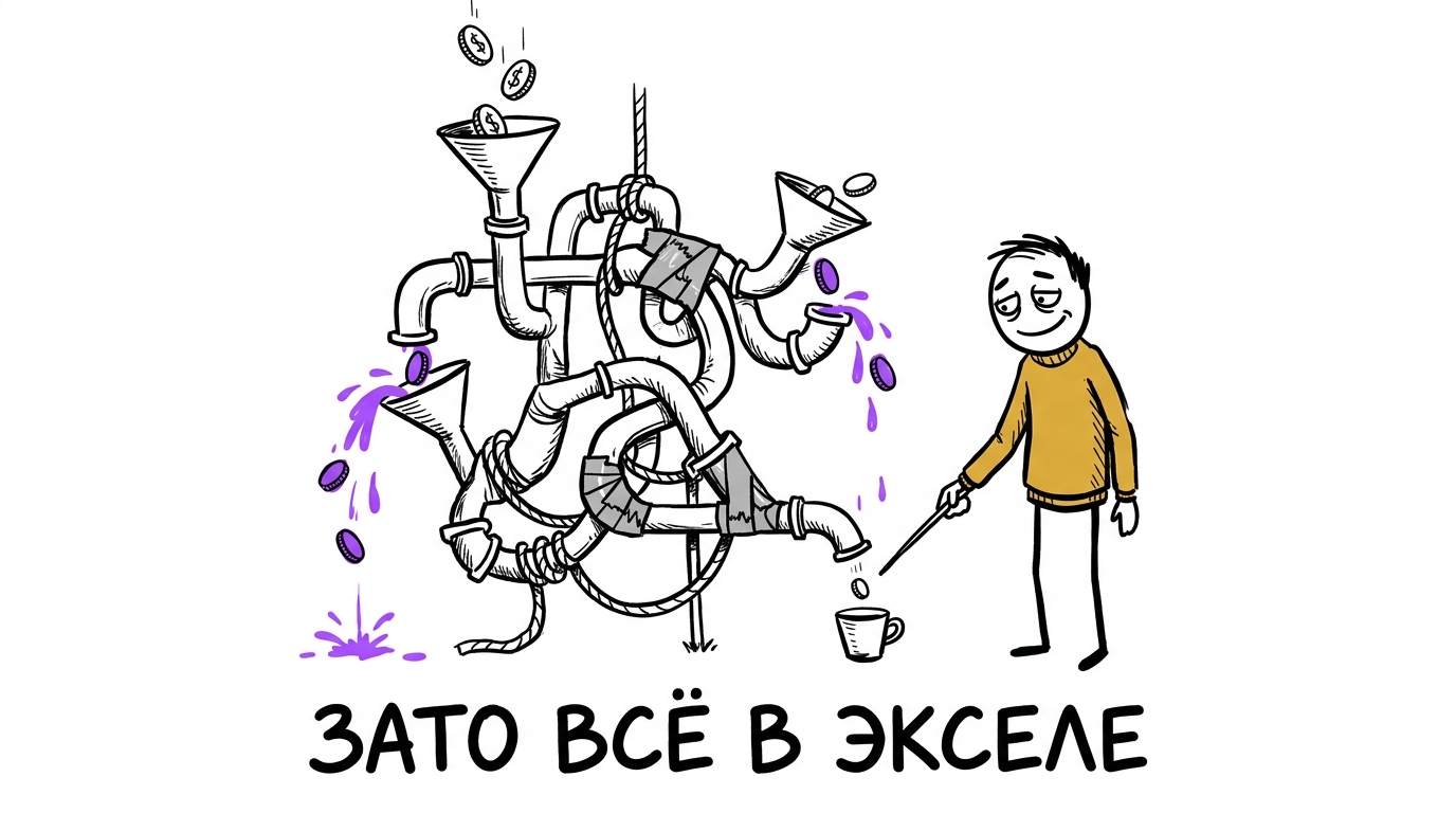Владелец в горчичном свитере с гордостью показывает запутанную конструкцию из труб и воронок, из которой почти все монеты утекают, а в чашку в конце падает одна — метафора Excel-отчётов без сквозной аналитики