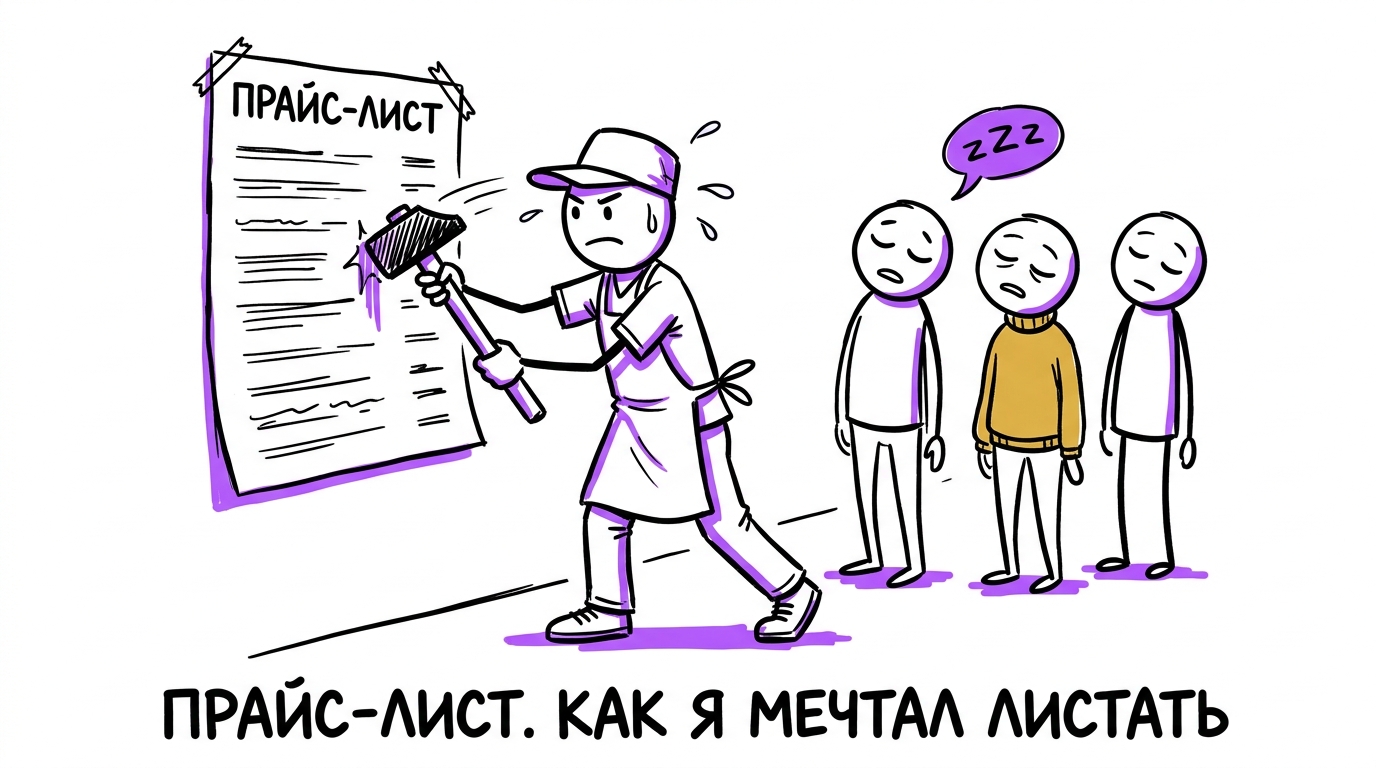 Сотрудник клиники прибивает гигантский прайс-лист к стене как объявление о розыске, аудитория спит