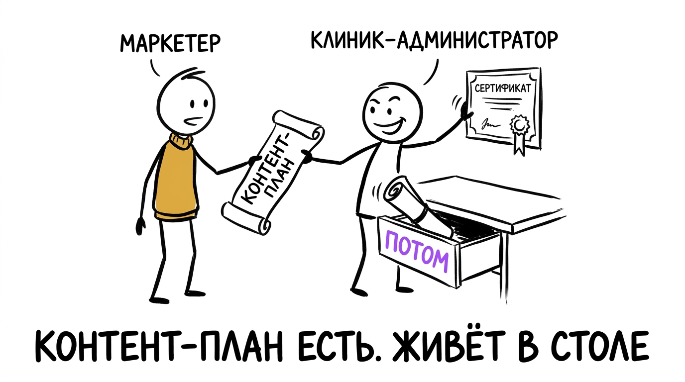 Маркетолог передаёт клинике контент-план, администратор убирает его в стол и вешает грамоту вместо него