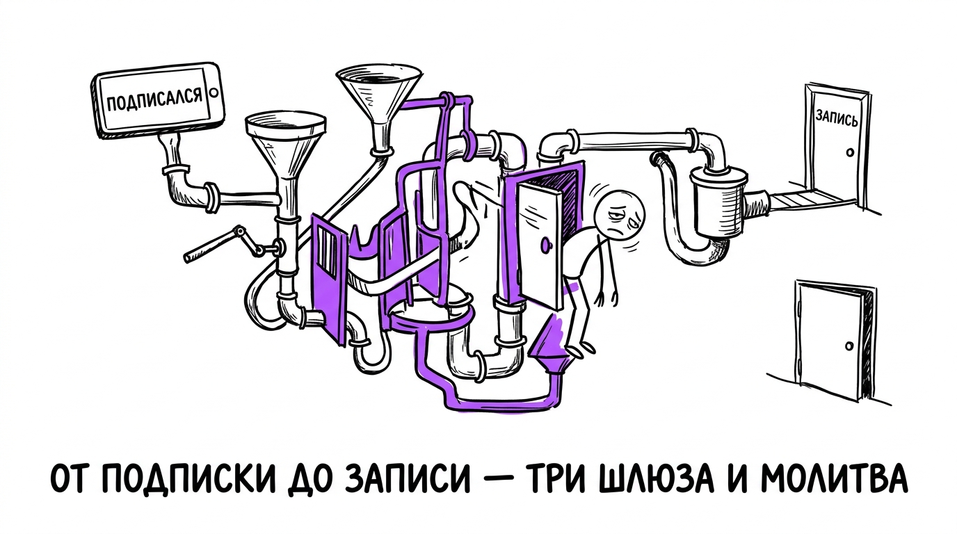 Запутанная система труб и шлюзов между подпиской в Telegram и записью на приём — метафора сложного пути пациента